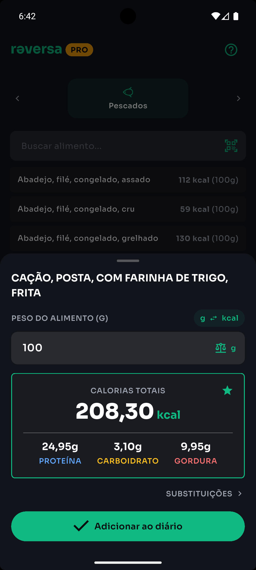 Calculadora do Reversa Macros mostrando 208,30 kcal e macros do alimento